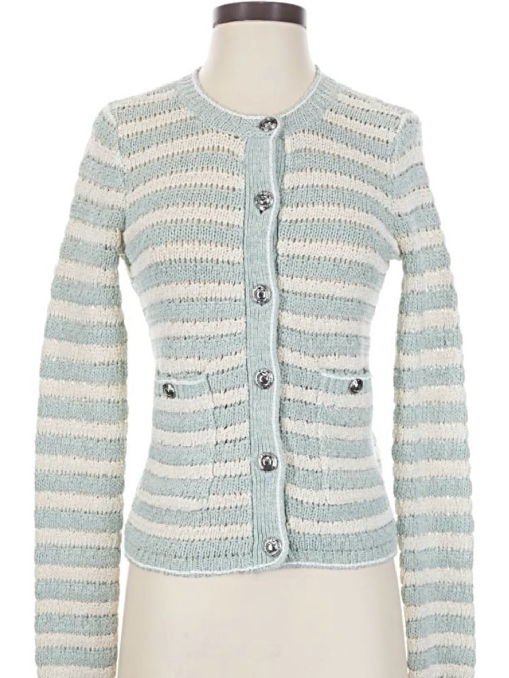 rag & bone Striped Open-Knit Button Cardigan in Light Blue/Mint and Cream